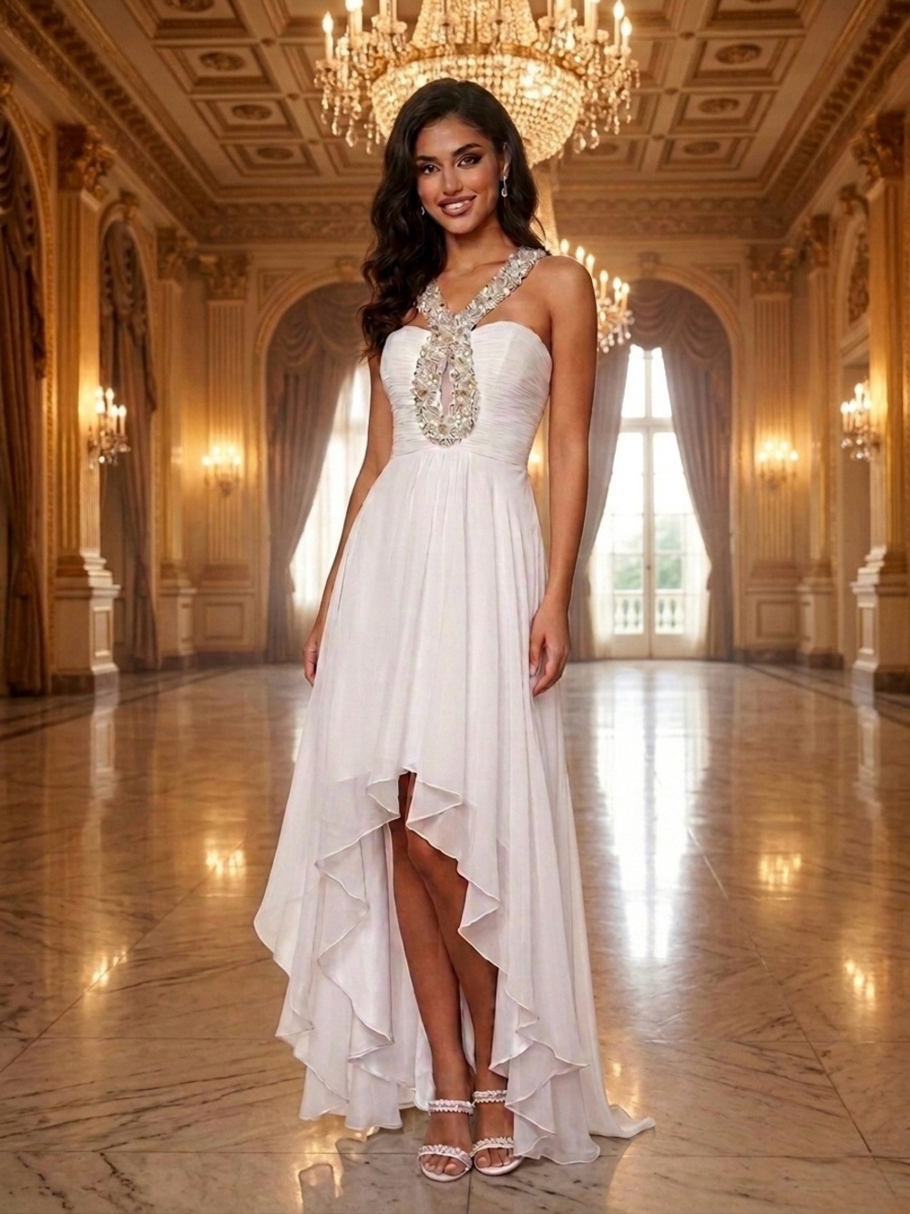 Sherri Hill Ivory Beaded High-Low Halter Dress size 4